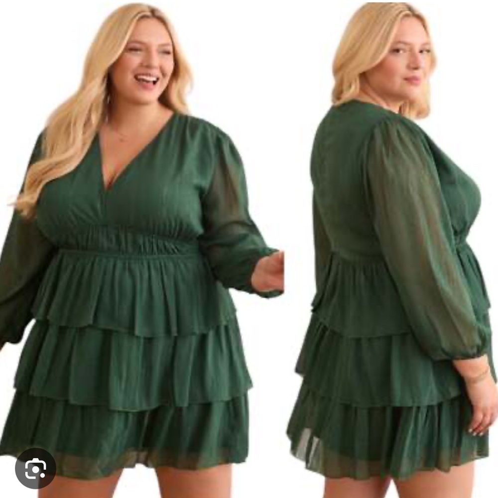 ARULA Forest Green Long Sleeve Tiered Dress